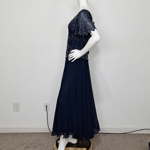 J Kara "NEW" Blue Short Flutter Sleeve Romantic Beaded Long Maxi Dress Size 6 - Picture 6 of 12